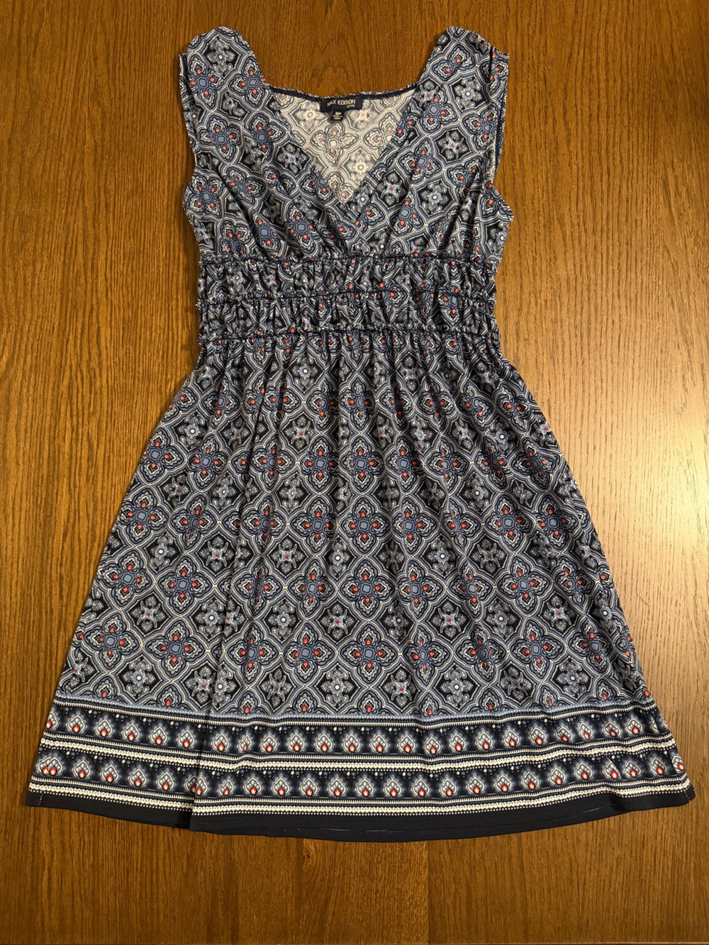 Max Edition Smocked Waist Patterned Mini Dress in Navy & White with Red Accents